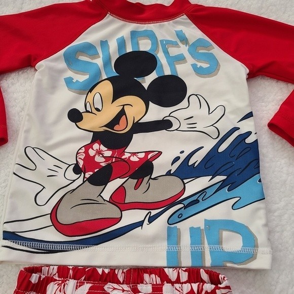 Disney Mickey Mouse Surfs Up Boys Long Sleeve Rashguard and Swim Trunks Sz 18m - Picture 4 of 9